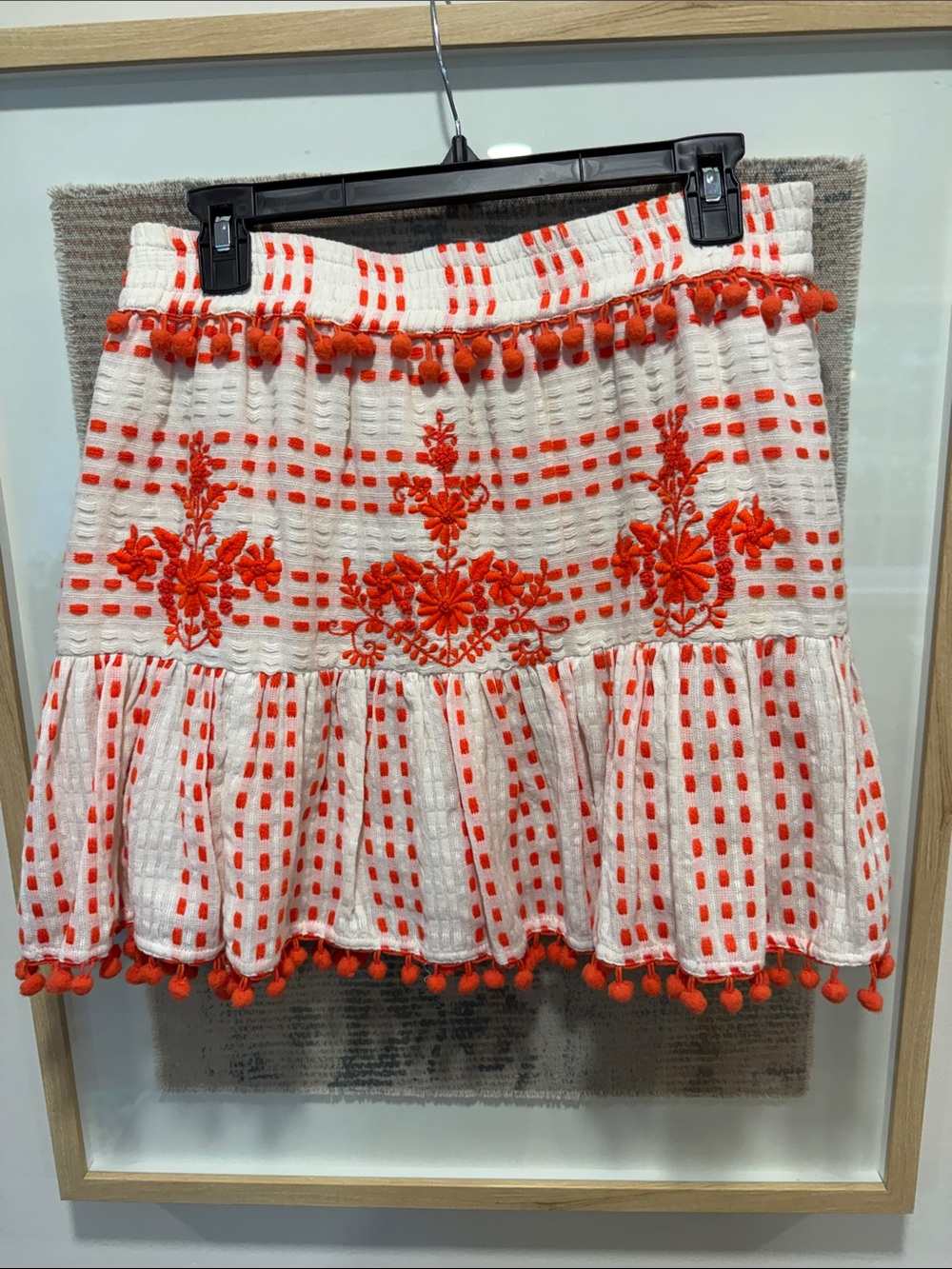 Tessora Orange Coral Off White Skirt Embroidered Pom Poms Womens Medium